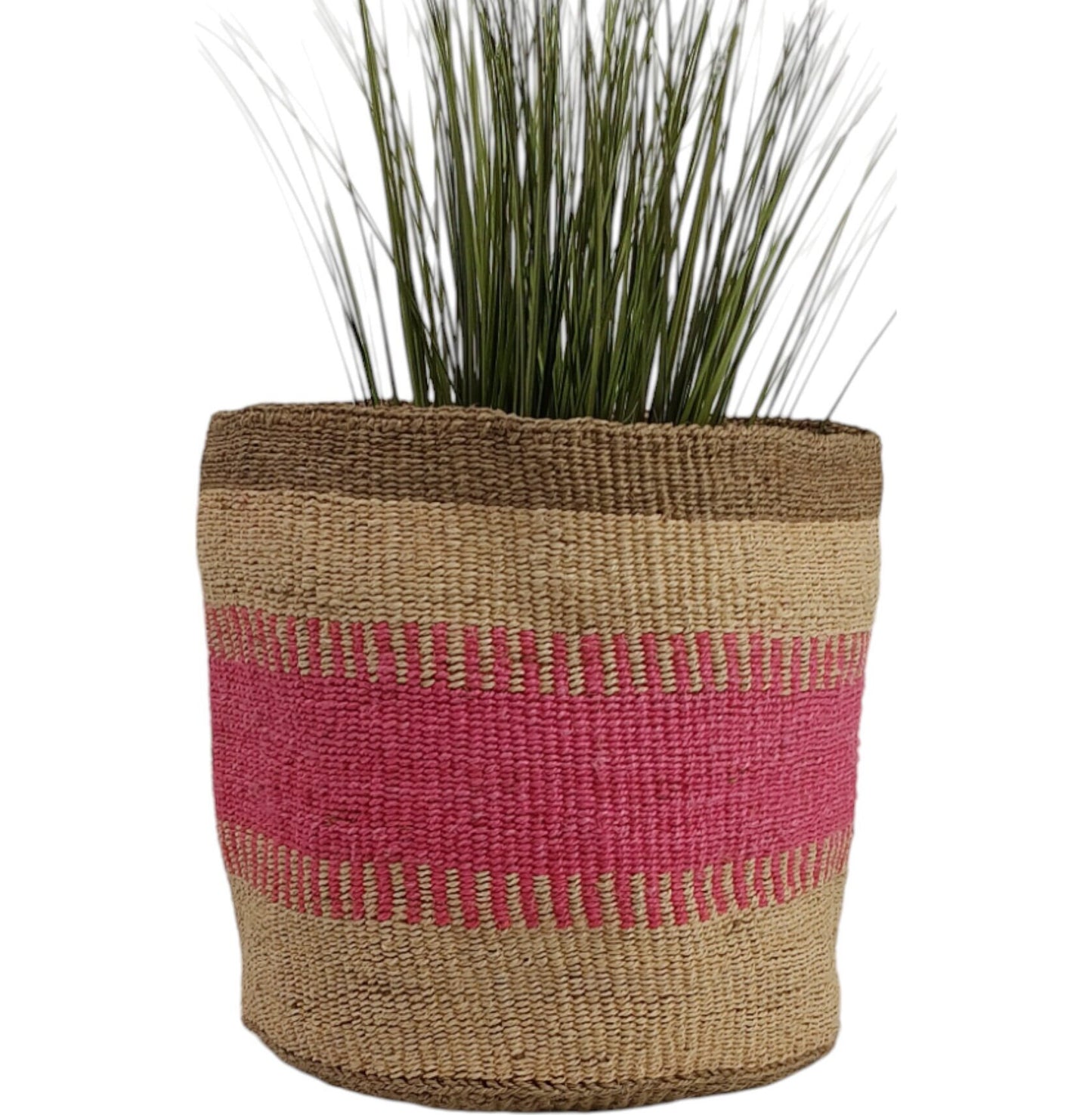 Handwoven Sisal Basket: African Woven Planter, Pink Decor