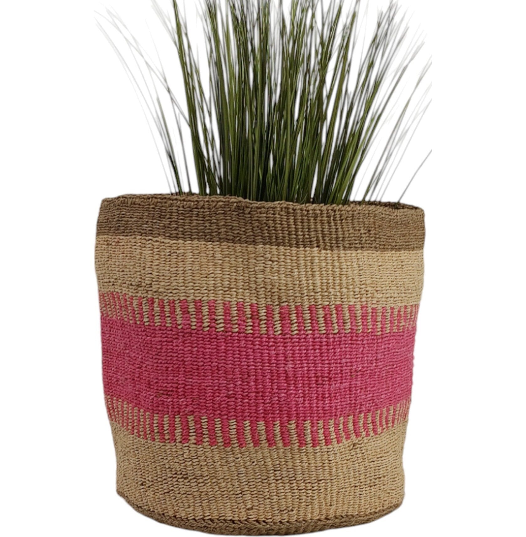 Handwoven Sisal Basket: African Woven Planter, Pink Decor