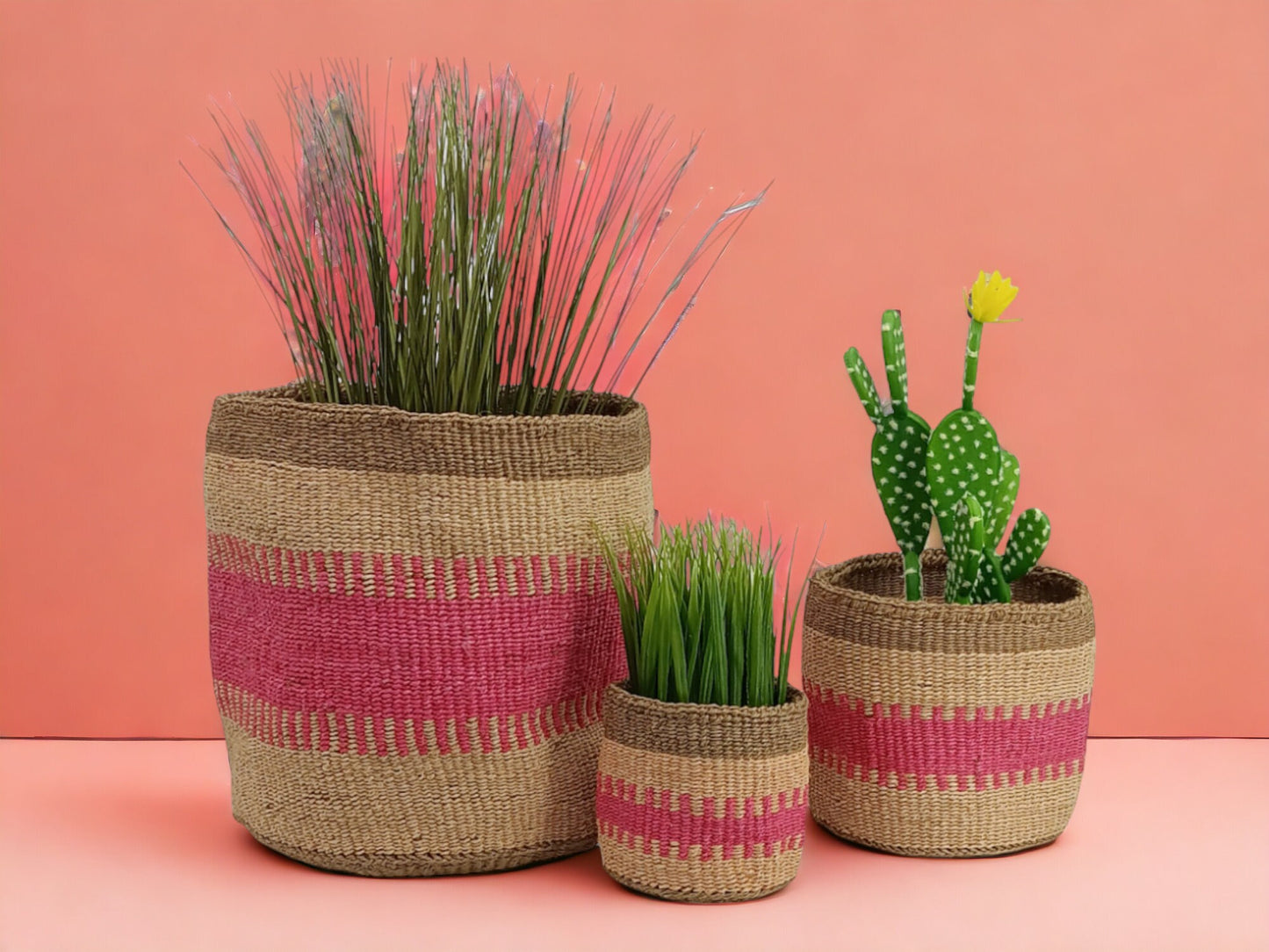 Handwoven Sisal Basket: African Woven Planter, Pink Decor