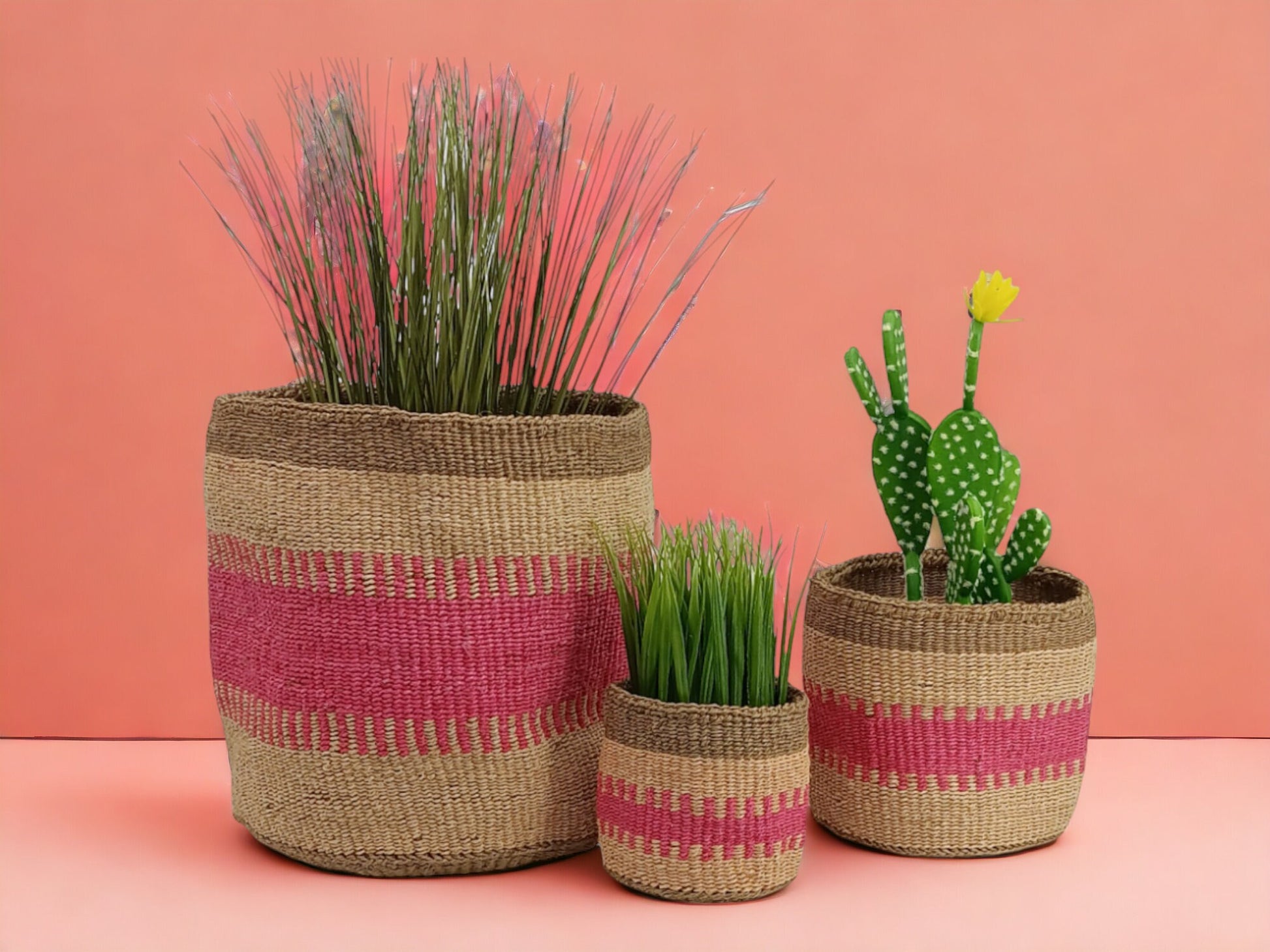 Handwoven Sisal Basket: African Woven Planter, Pink Decor