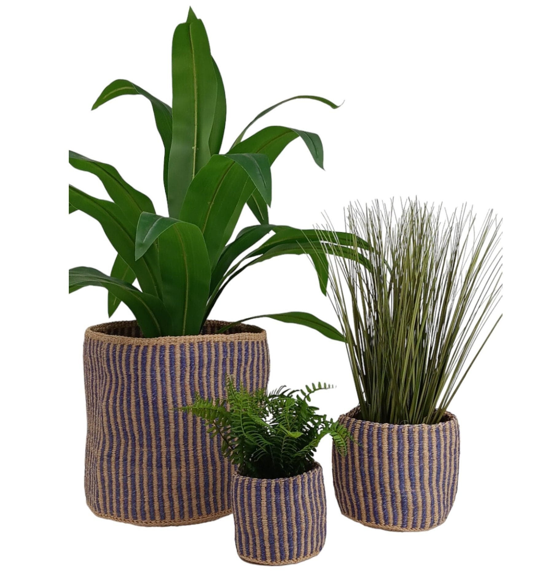 Handwoven Sisal Basket: Striped Purple Planter Pot, African Storage Basket