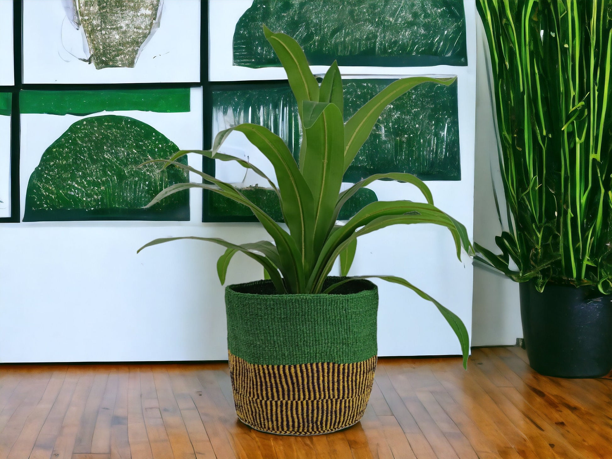 Handwoven African Sisal Basket Planter: Green Boho Decor
