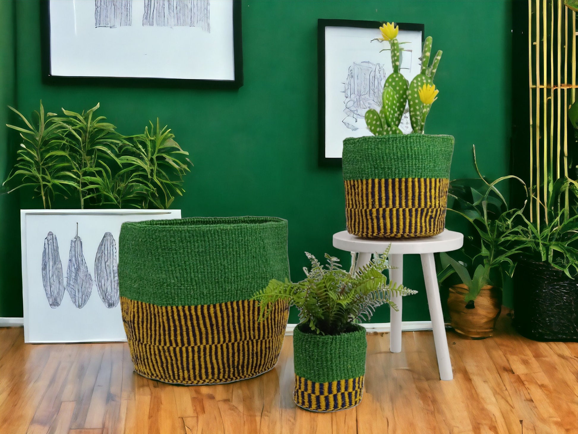 Handwoven African Sisal Basket Planter: Green Boho Decor