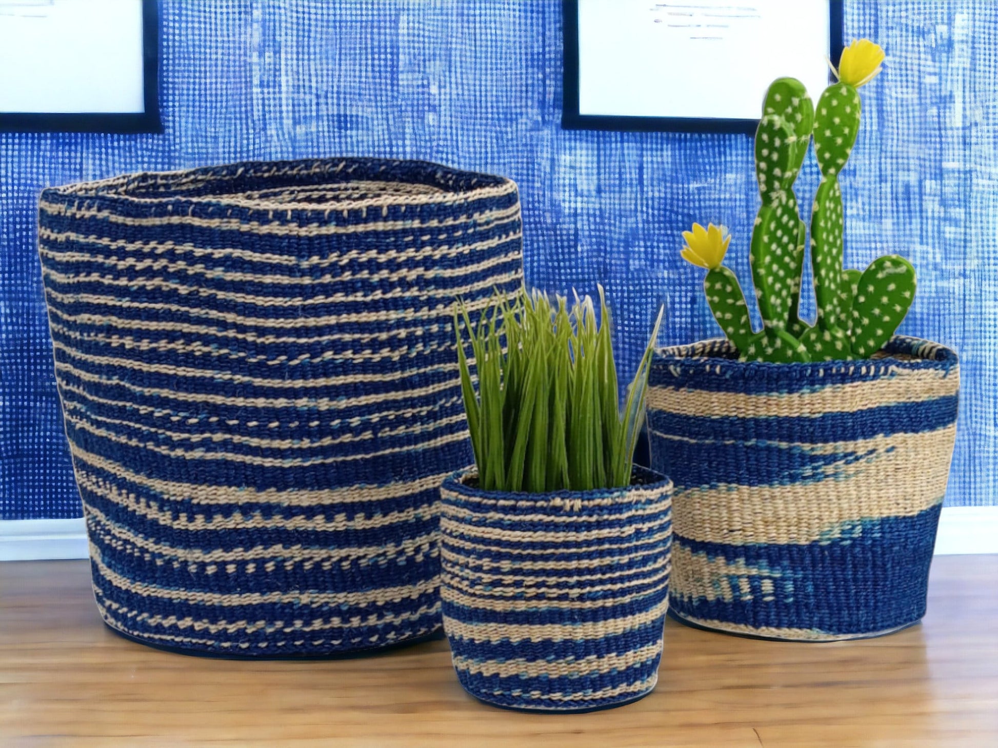 Blue Woven Basket Planter: African Sisal Basket Decor