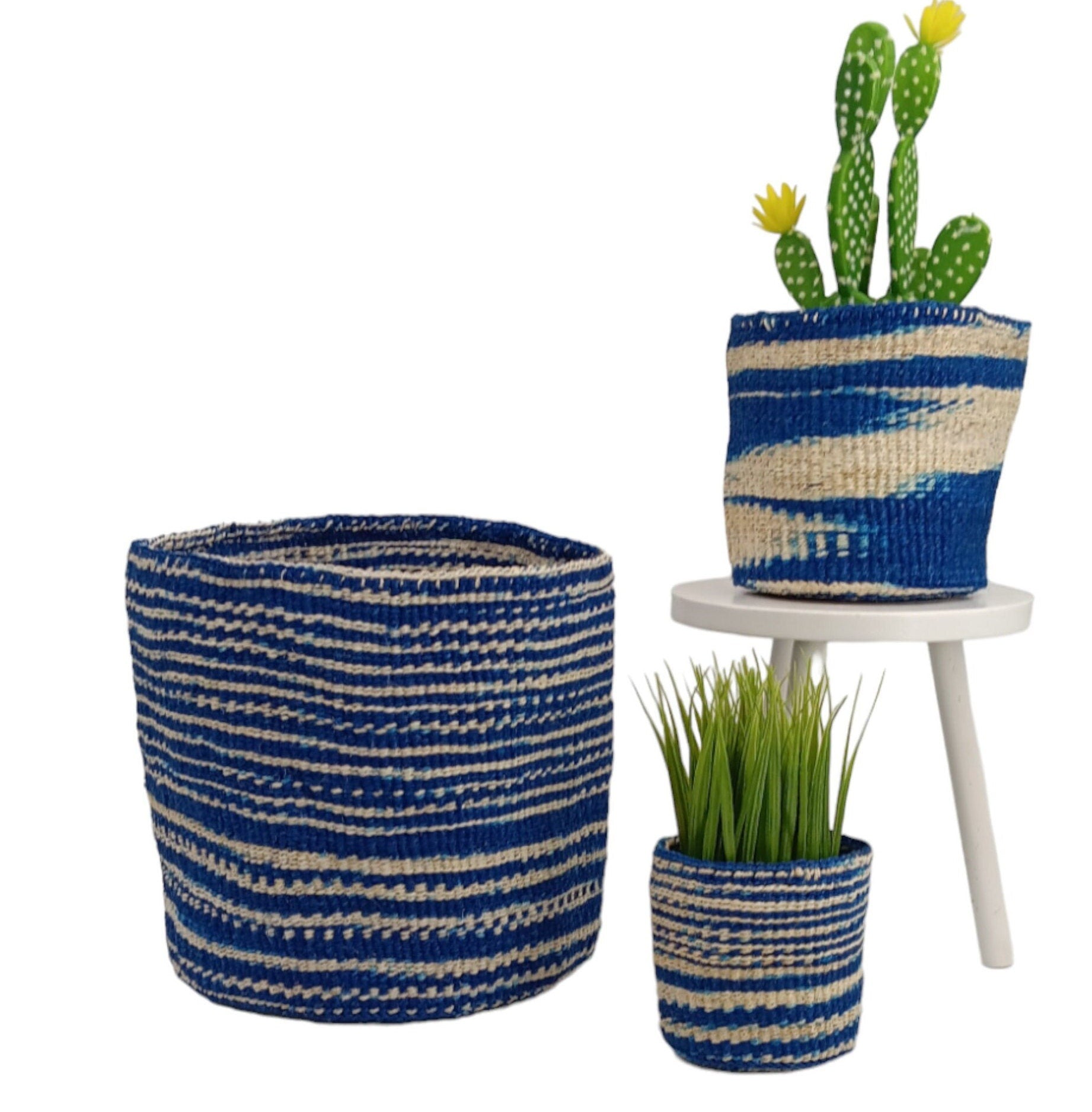 Blue Woven Basket Planter: African Sisal Basket Decor