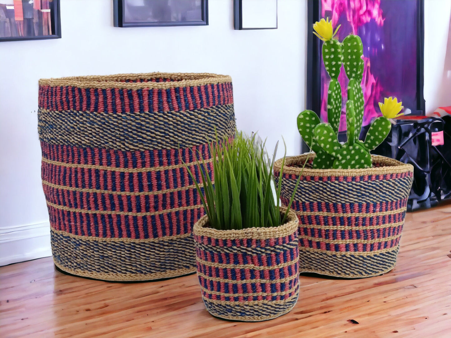 Woven Sisal Basket Planter: Colorful Rustic Home Decor