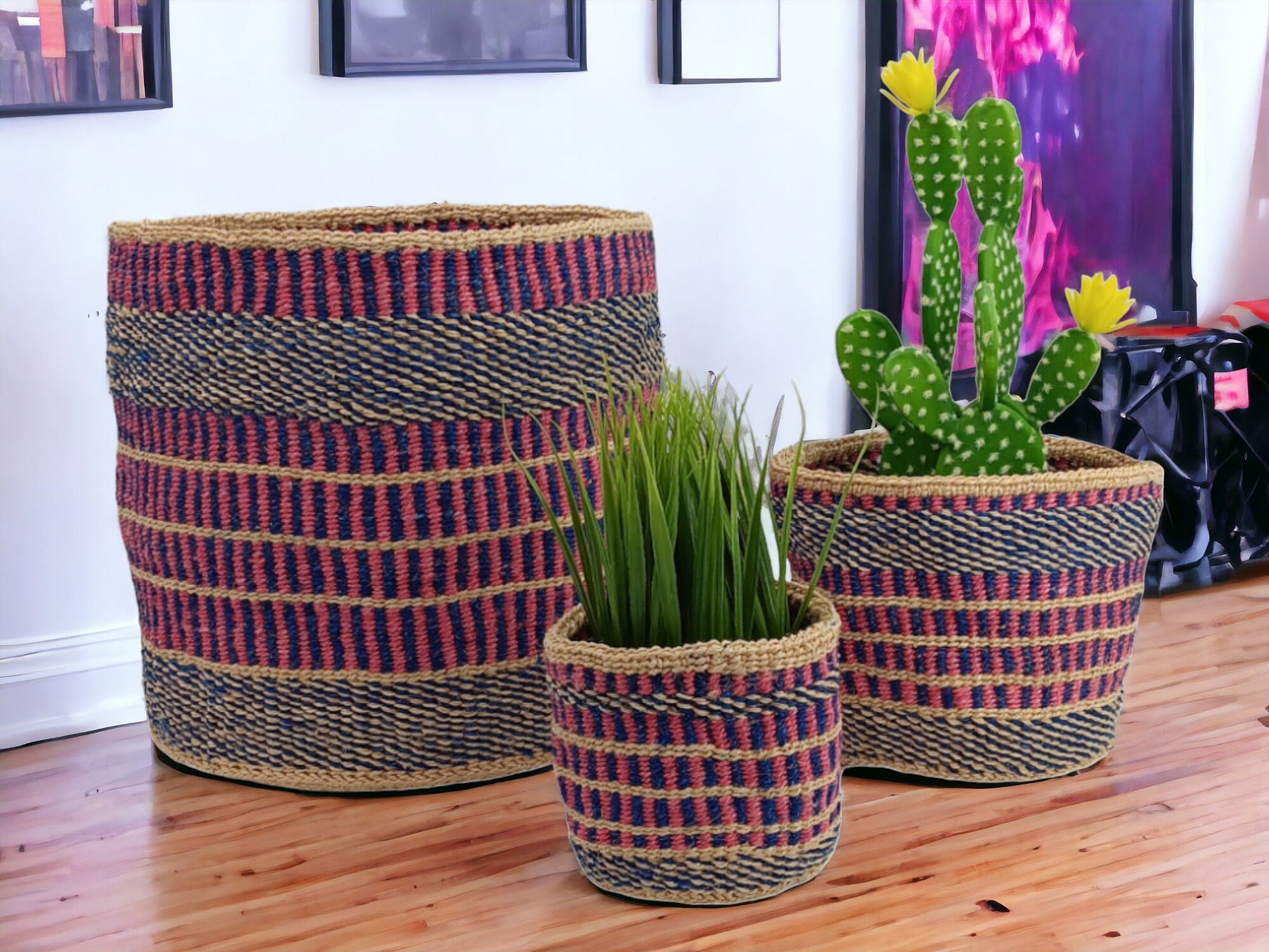 Woven Sisal Basket Planter: Colorful Rustic Home Decor