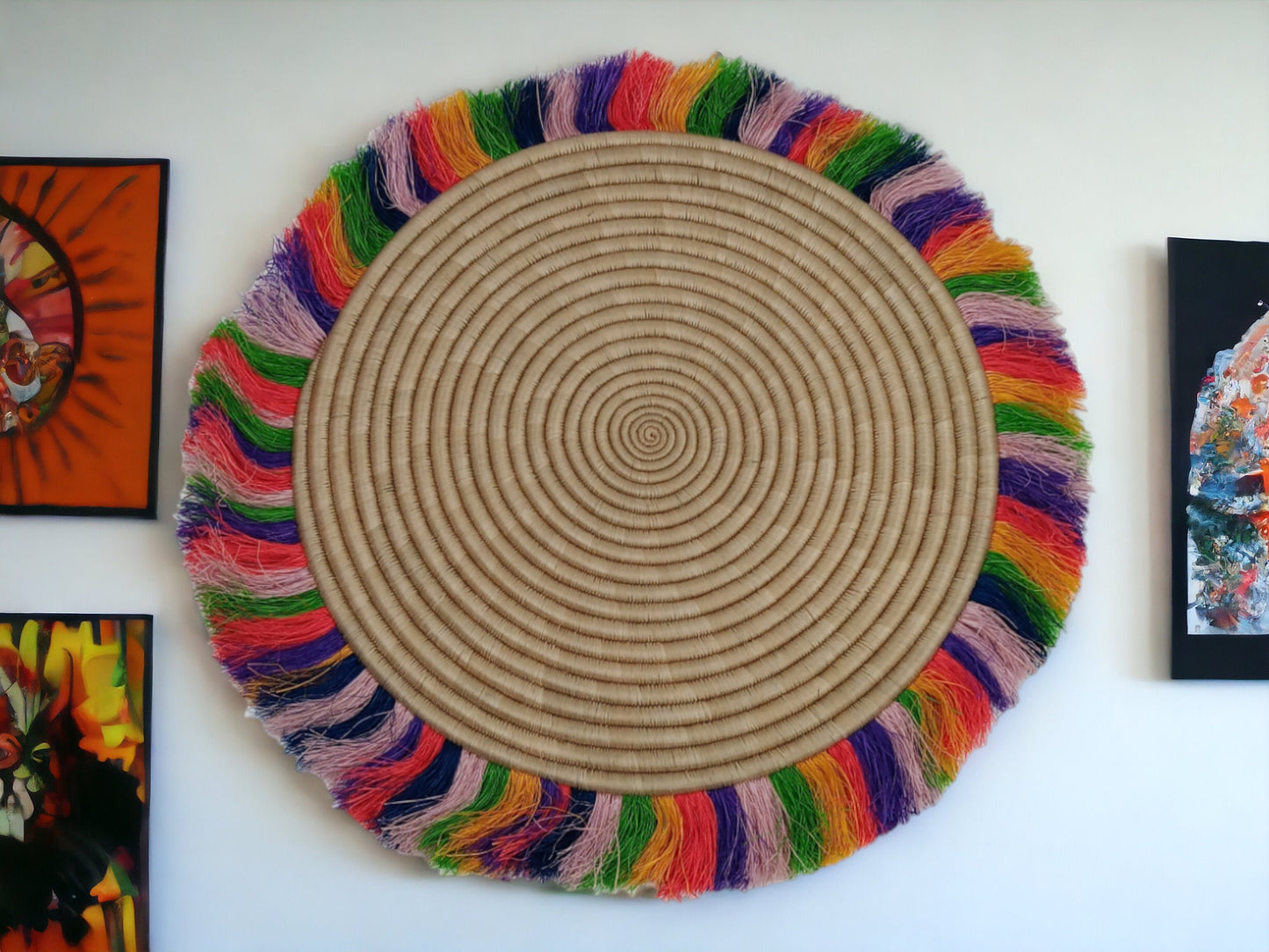 Rainbow Fringed Woven Wall Basket: Large African Decor (18-20 Inches)