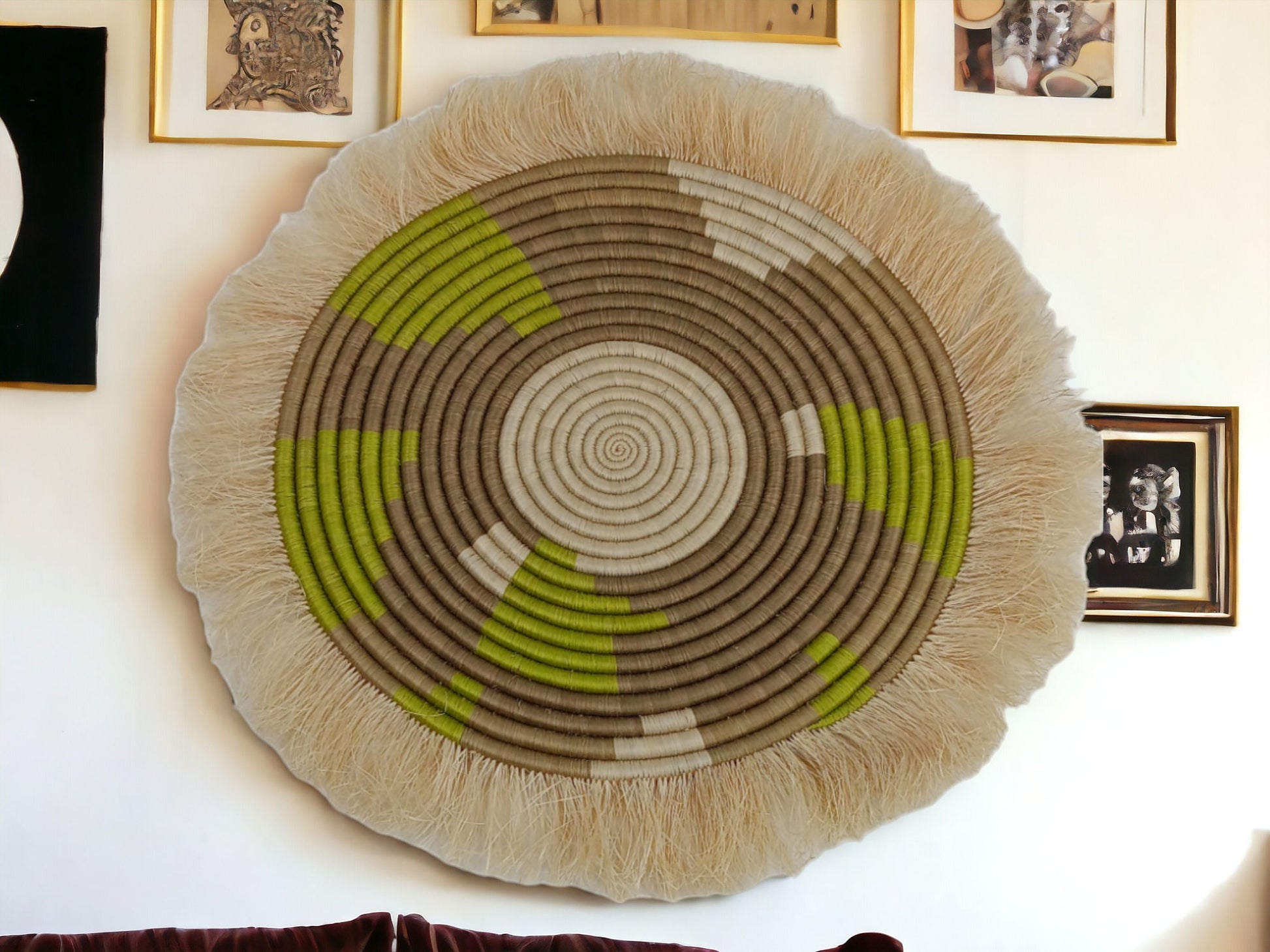 Large Fringed Wall Basket: Handwoven Sweetgrass & Sisal Decor