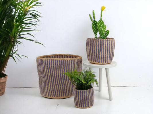 Handwoven Sisal Basket: Striped Purple Planter Pot, African Storage Basket