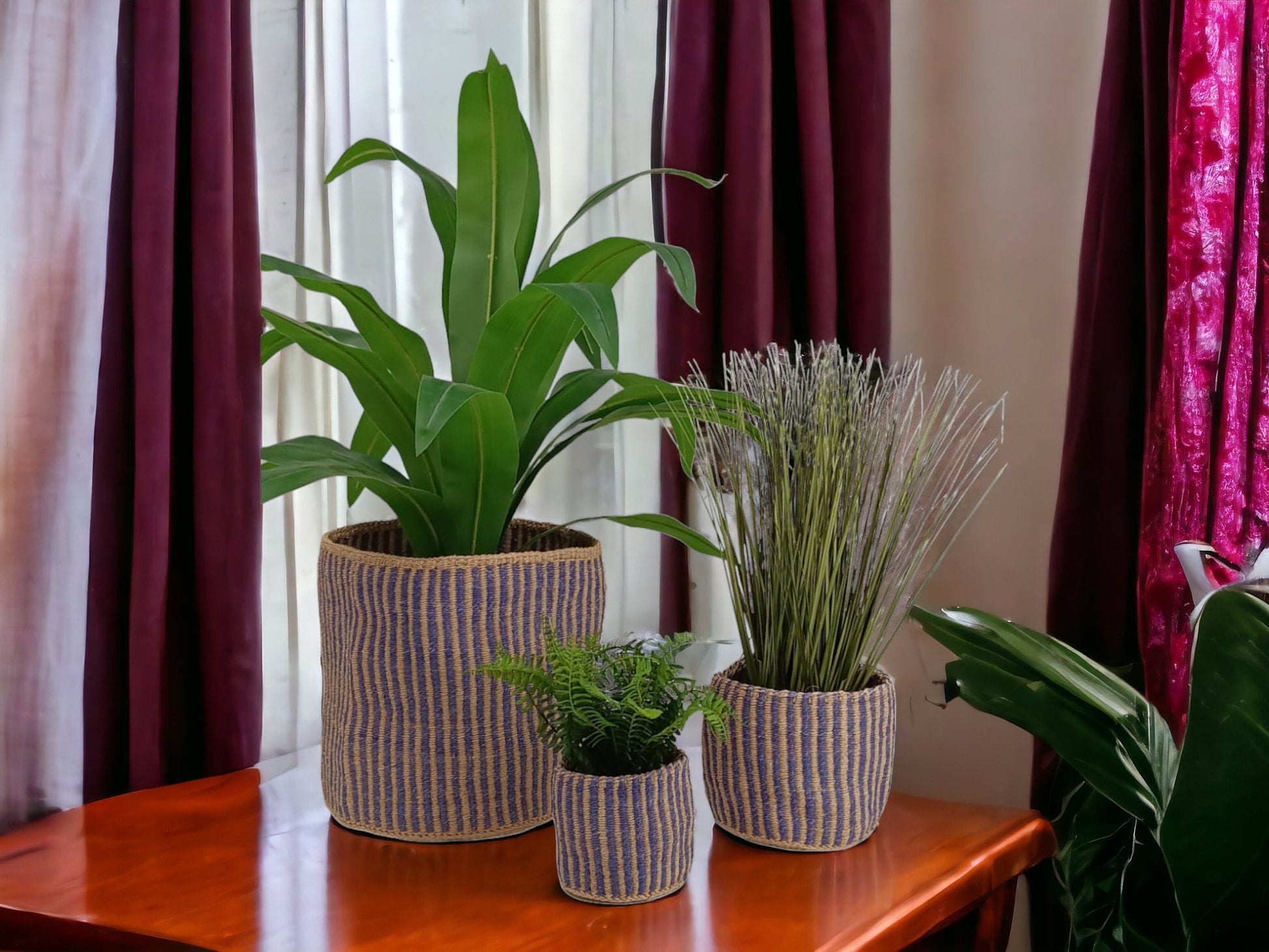 Handwoven Sisal Basket: Striped Purple Planter Pot, African Storage Basket