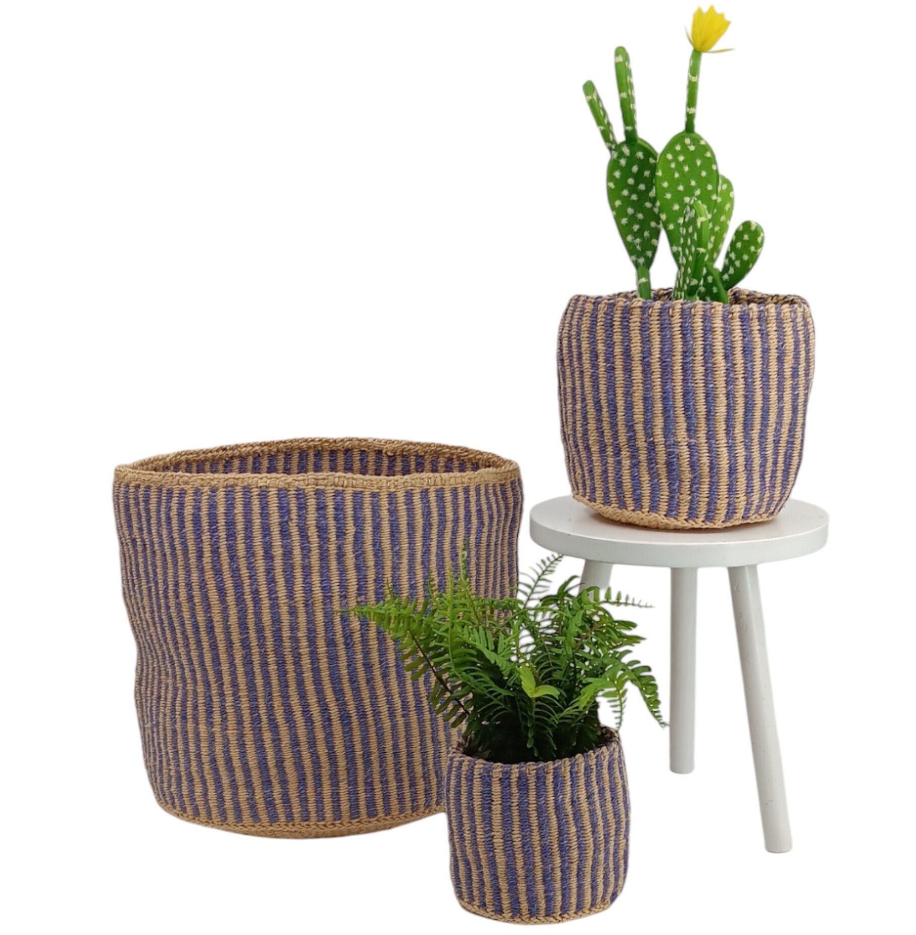 Handwoven Sisal Basket: Striped Purple Planter Pot, African Storage Basket