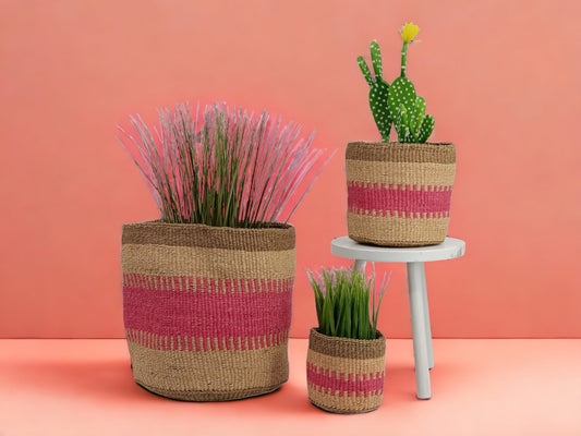 Handwoven Sisal Basket: African Woven Planter, Pink Decor