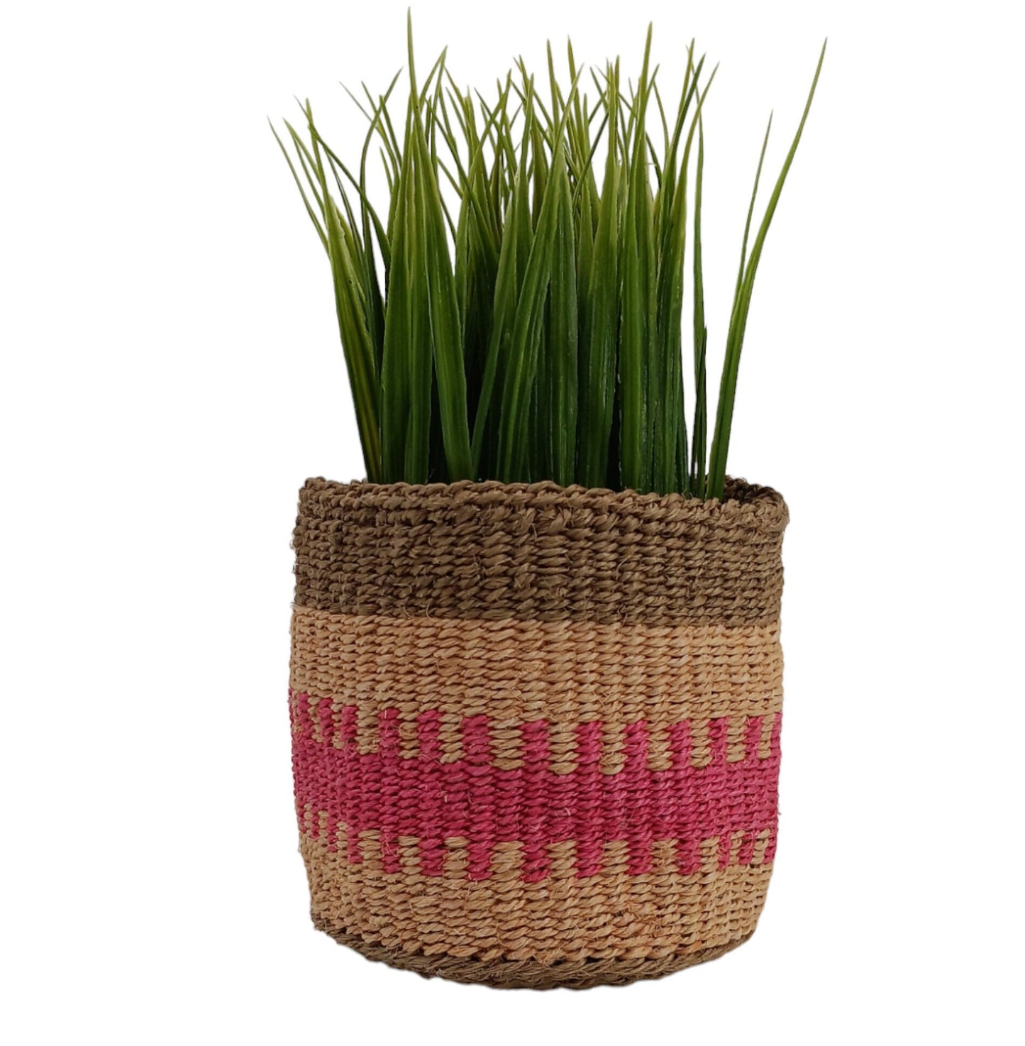 Handwoven Sisal Basket: African Woven Planter, Pink Decor