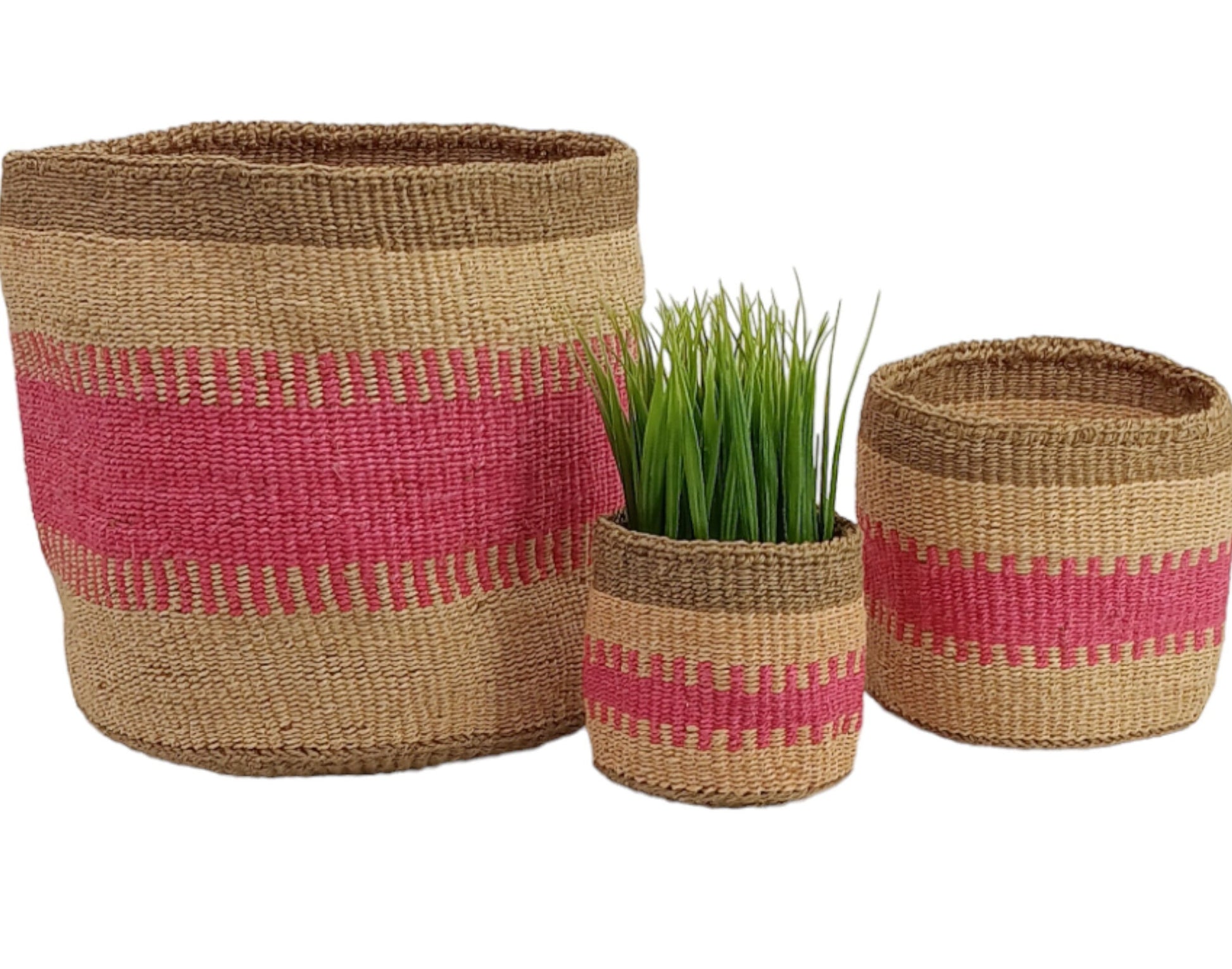 Handwoven Sisal Basket: African Woven Planter, Pink Decor