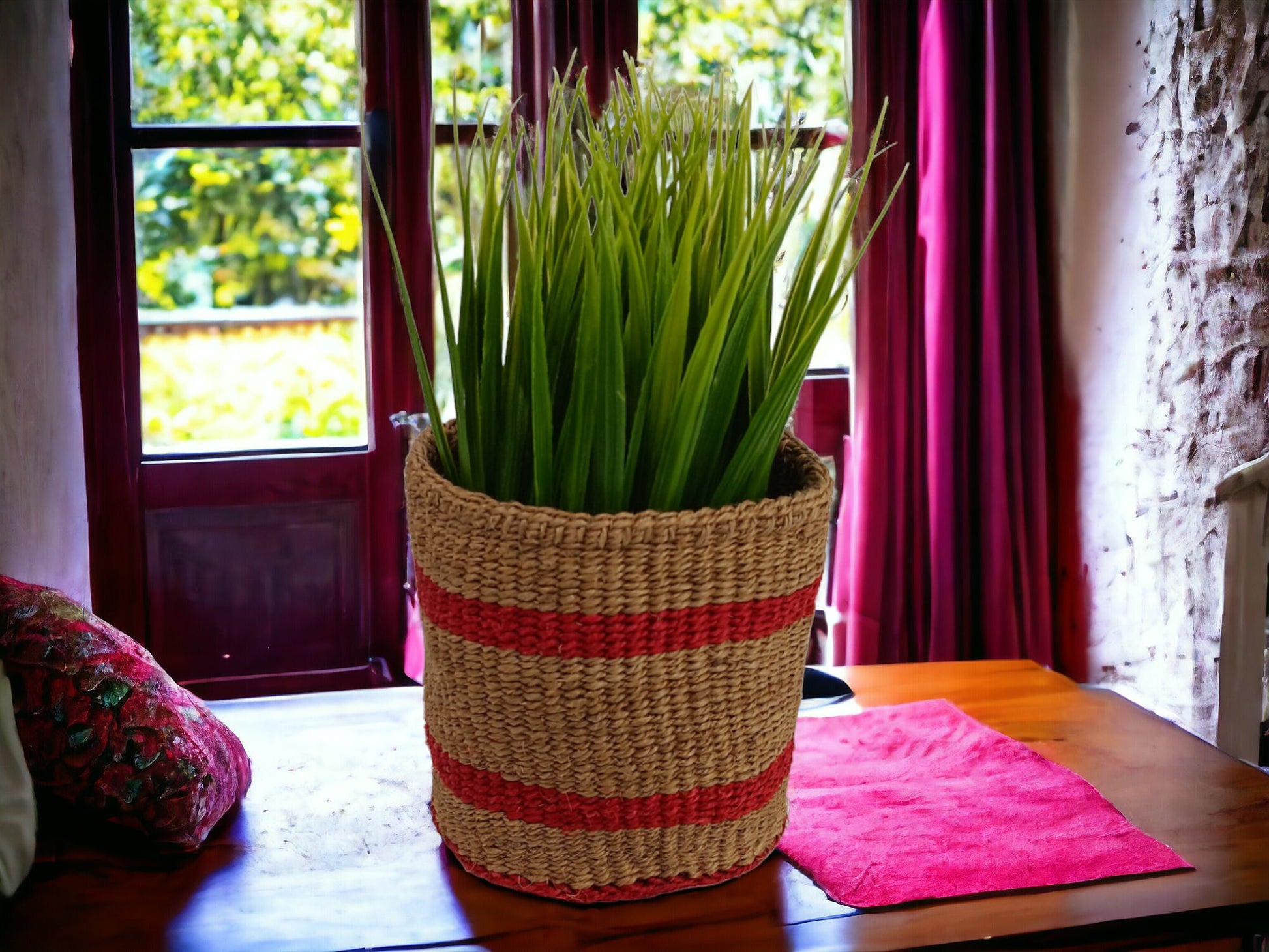 Woven Sisal Basket Planter: Colorful African Storage Basket