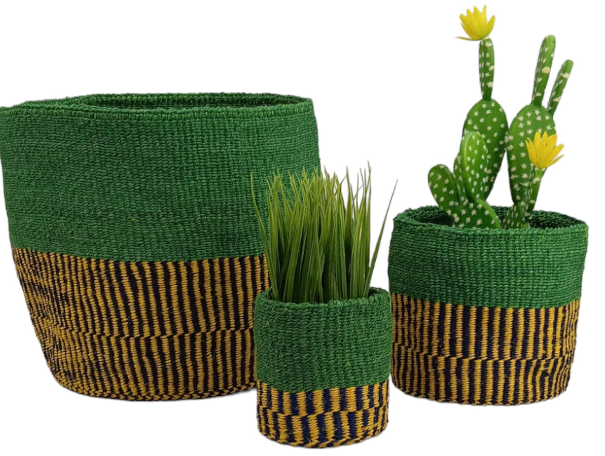 Handwoven African Sisal Basket Planter: Green Boho Decor
