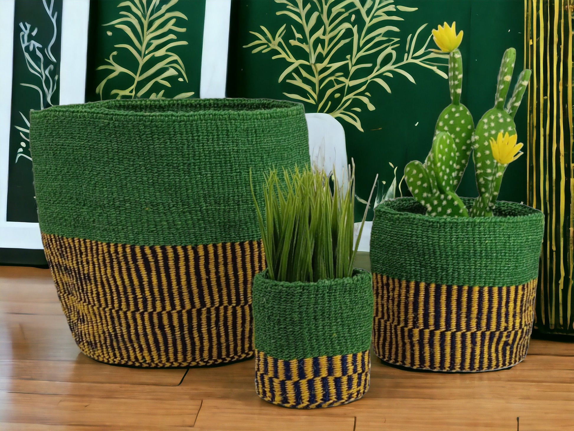 Handwoven African Sisal Basket Planter: Green Boho Decor