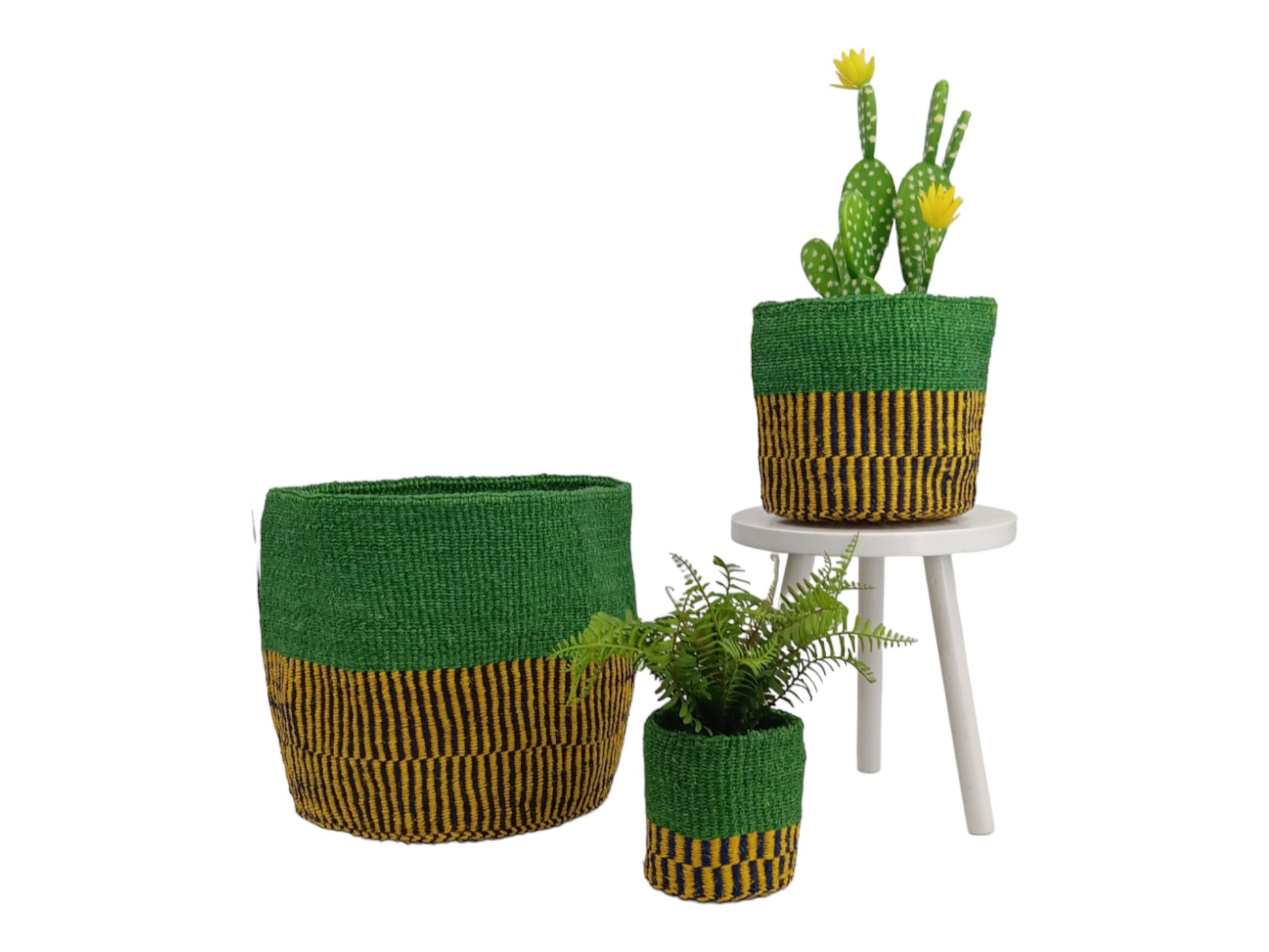Handwoven African Sisal Basket Planter: Green Boho Decor