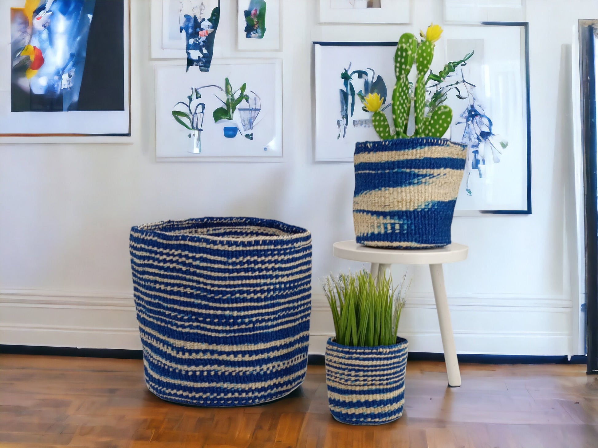 Blue Woven Basket Planter: African Sisal Basket Decor
