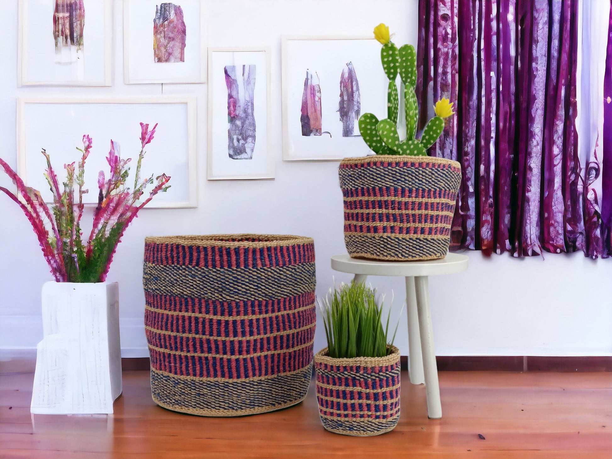 Woven Sisal Basket Planter: Colorful Rustic Home Decor