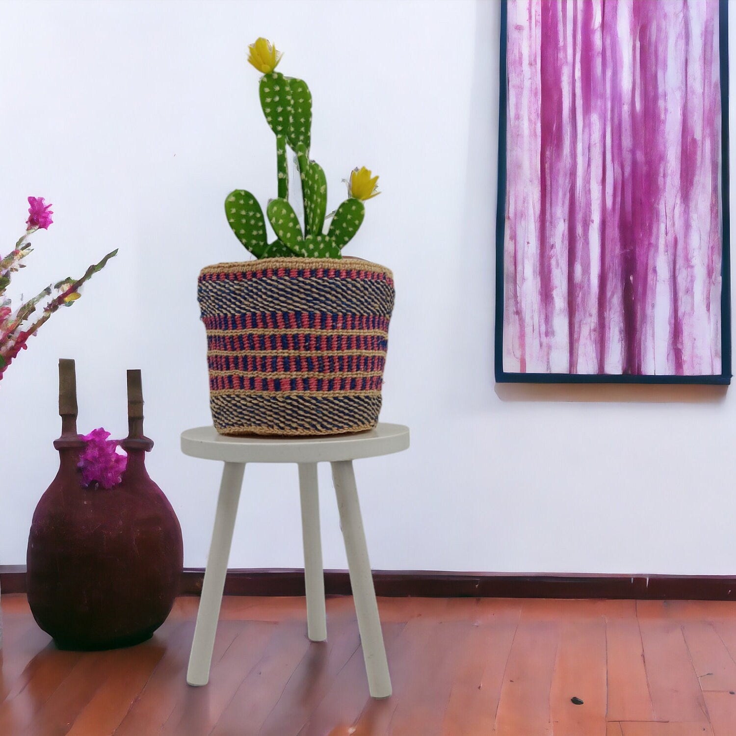 Woven Sisal Basket Planter: Colorful Rustic Home Decor