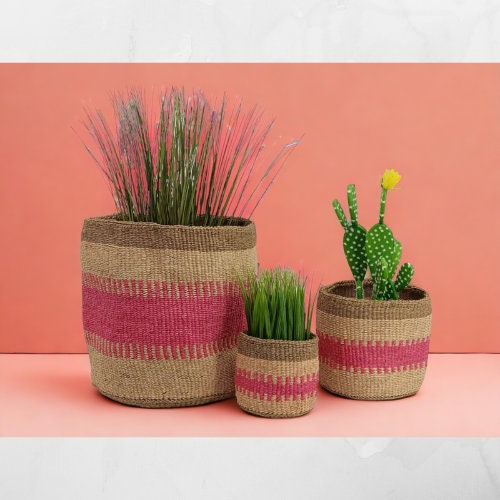 Handwoven Sisal Basket: African Woven Planter, Pink Decor
