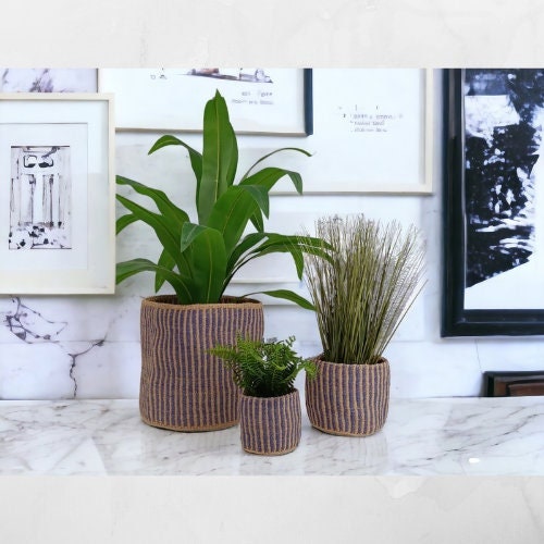 Handwoven Sisal Basket: Striped Purple Planter Pot, African Storage Basket