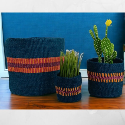 Colorful Woven Basket Planter: Round African Sisal Basket