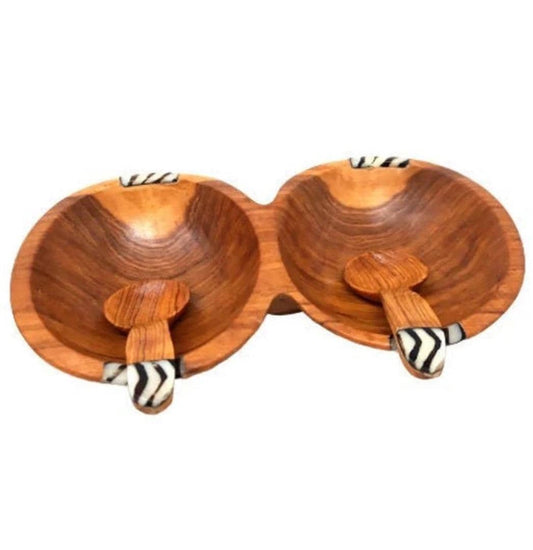 Hand Carved Olivewood Divided Snack Bowl with Spoons