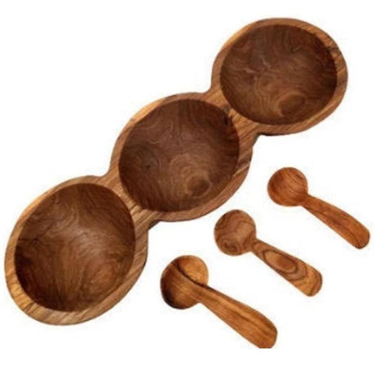 Hand Carved Olivewood Snack Bowl: Divided Serving Dish with Spoons