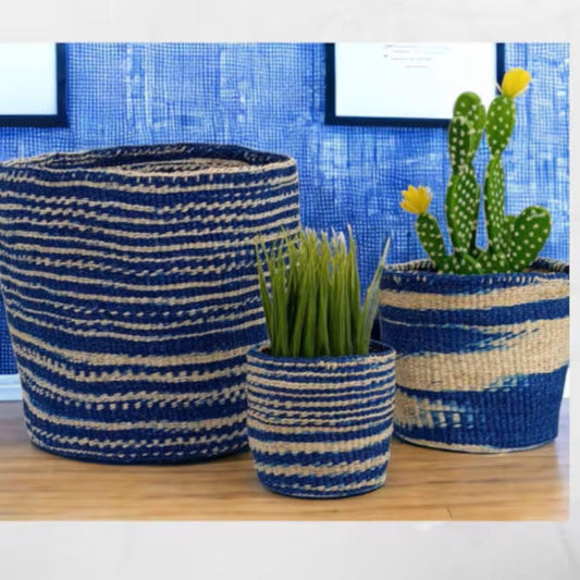 Blue Woven Basket Planter: African Sisal Basket Decor