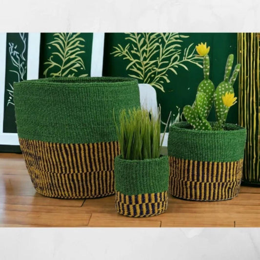 Handwoven African Sisal Basket Planter: Green Boho Decor