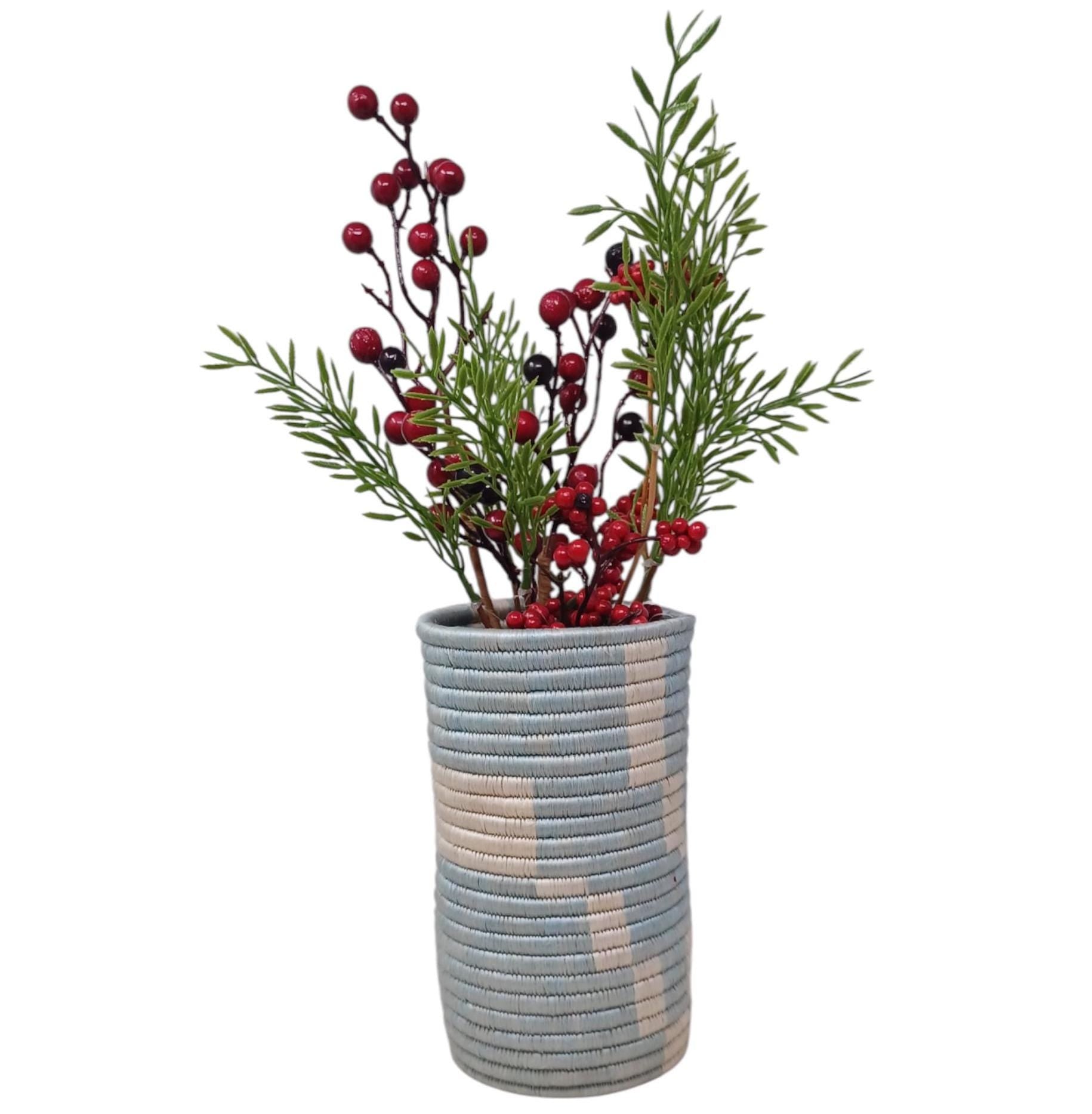 Handwoven Boho Vase: Blue Wicker Flower & Utensil Holder