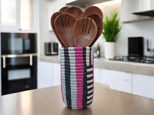 Boho Woven Flower Vase: Handwoven Wicker Utensil Holder