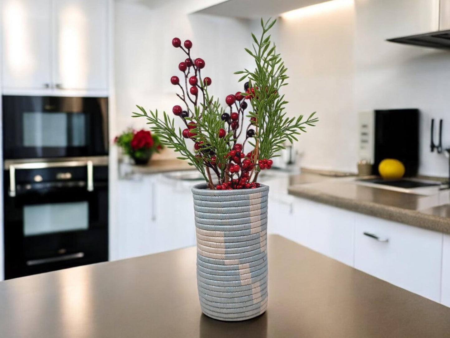 Handwoven Boho Vase: Blue Wicker Flower & Utensil Holder
