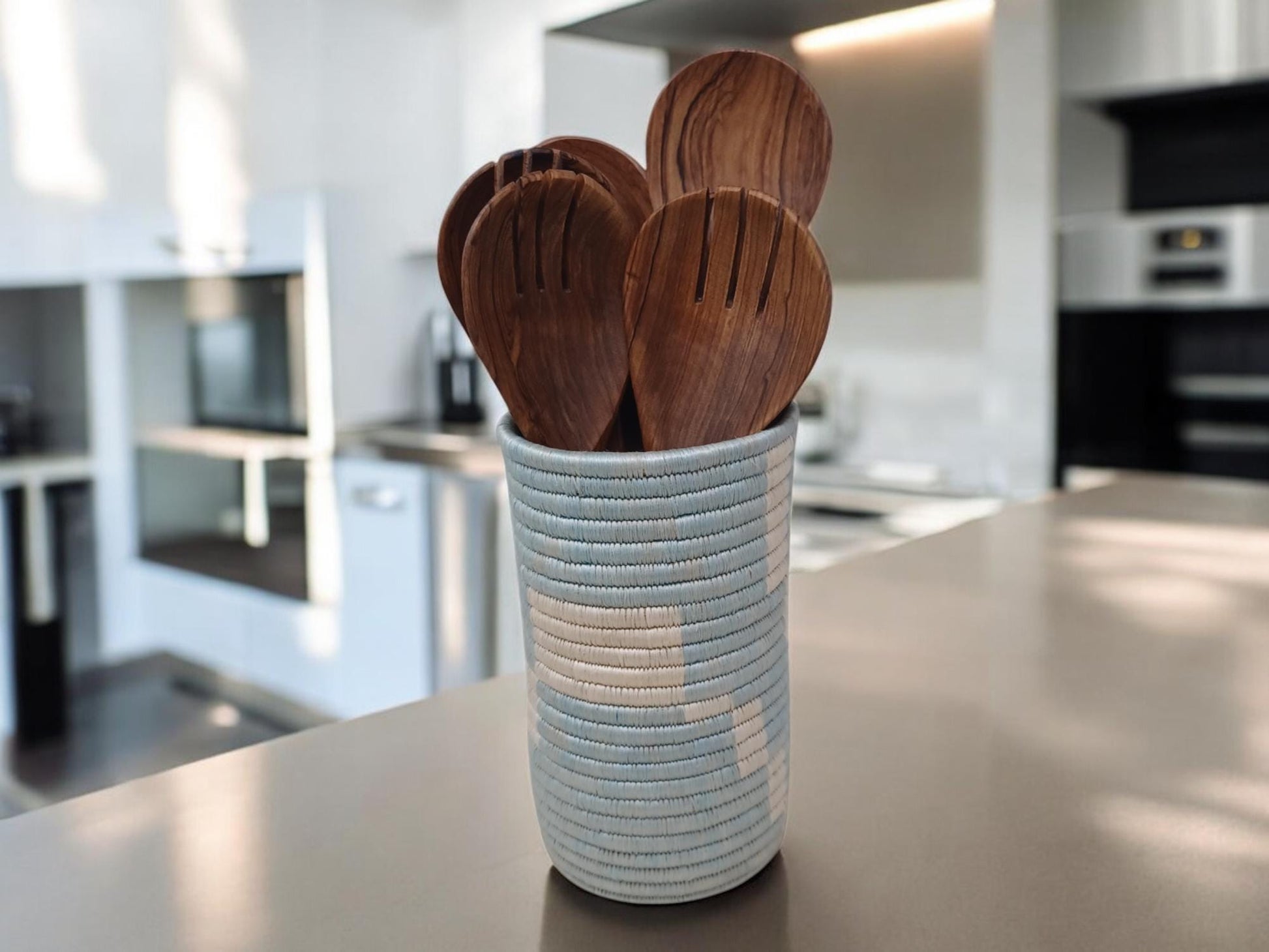 Handwoven Boho Vase: Blue Wicker Flower & Utensil Holder