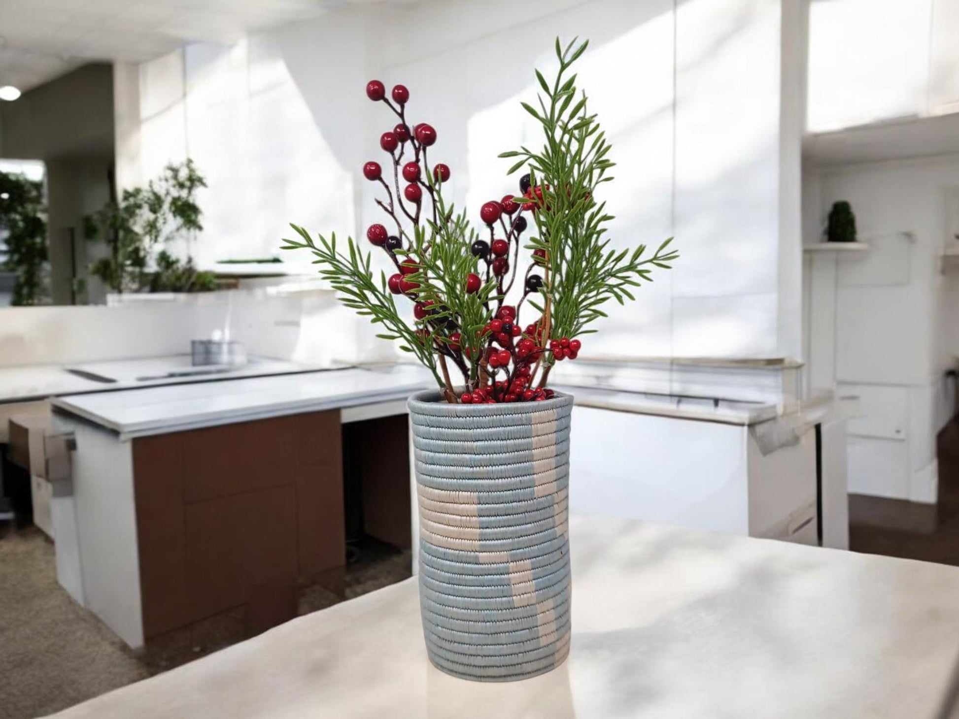 Handwoven Boho Vase: Blue Wicker Flower & Utensil Holder