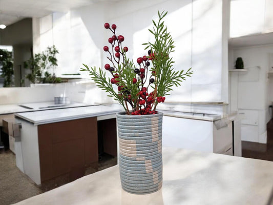 Handwoven Boho Vase: Blue Wicker Flower & Utensil Holder