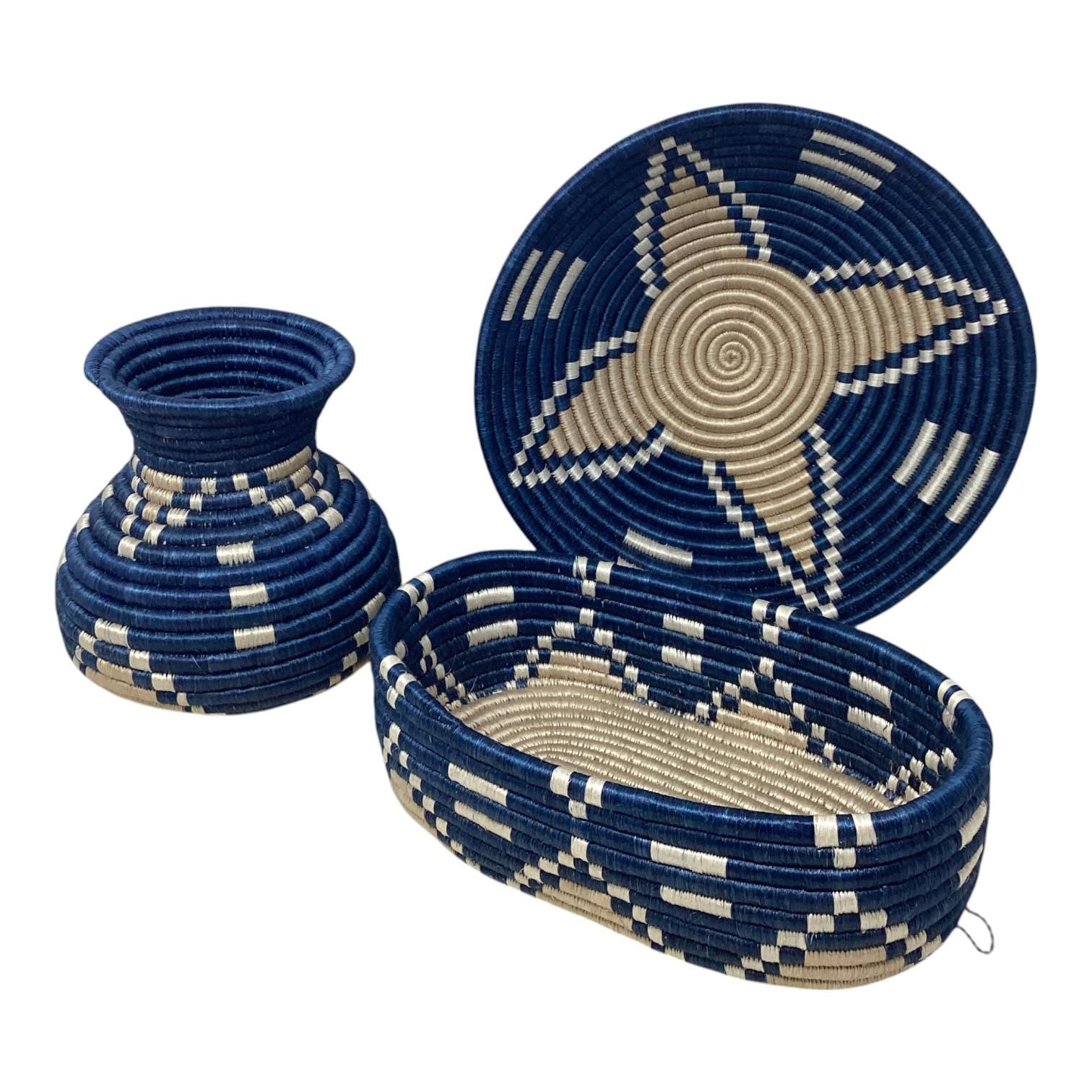 African Woven Basket Set – Handmade Bread Basket, Fruit Bowl Centerpiece & Vase for Rustic Table Decor and Thoughtful Home Gifts