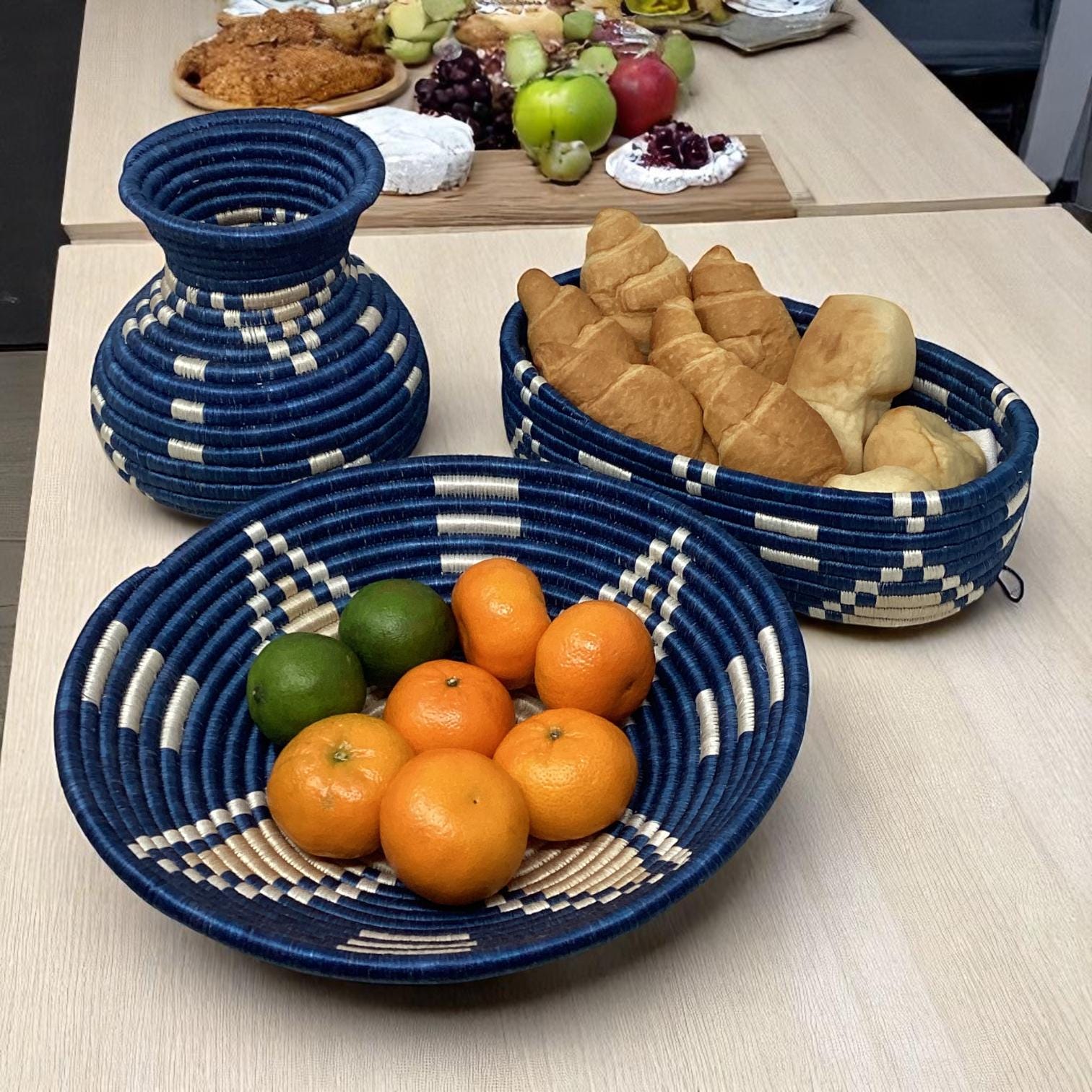 African Woven Basket Set – Handmade Bread Basket, Fruit Bowl Centerpiece & Vase for Rustic Table Decor and Thoughtful Home Gifts