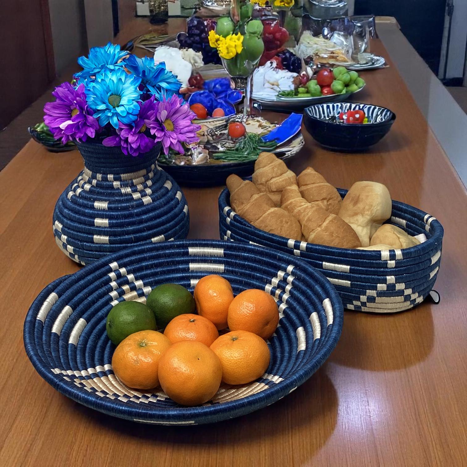 African Woven Basket Set – Handmade Bread Basket, Fruit Bowl Centerpiece & Vase for Rustic Table Decor and Thoughtful Home Gifts