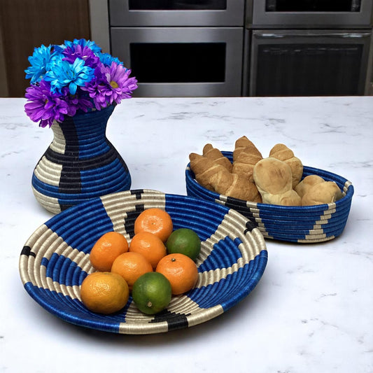 Handwoven African Bread Basket, Fruit Bowl & Flower Vase – Boho Gift Set for Kitchen Decor, Dining Table Centerpiece and Rustic Homes