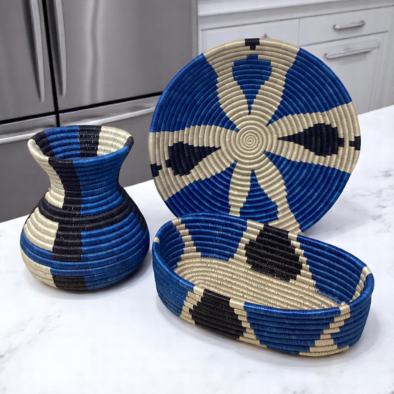 Handwoven African Bread Basket, Fruit Bowl & Flower Vase – Boho Gift Set for Kitchen Decor, Dining Table Centerpiece and Rustic Homes