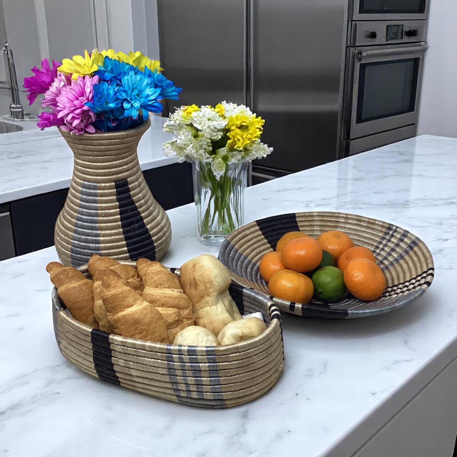 Rustic Woven Home Decor Set – Bread Basket, Centerpiece Fruit Bowl & Sisal Vase | African Gift for Kitchen or Table Styling Ideas