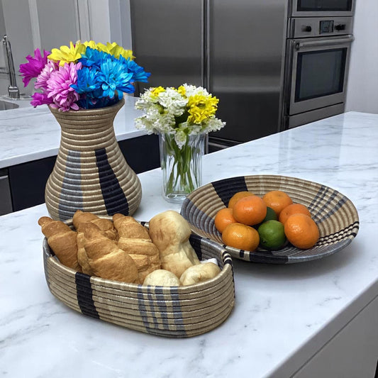 Rustic Woven Home Decor Set – Bread Basket, Centerpiece Fruit Bowl & Sisal Vase | African Gift for Kitchen or Table Styling Ideas