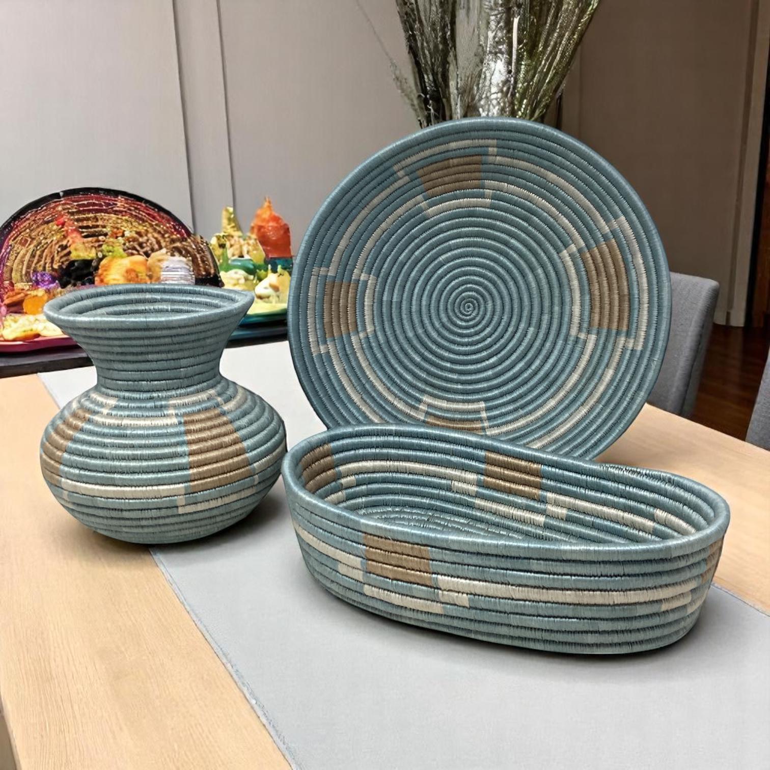 Handmade Woven Basket Set – Bread Basket, Fruit Bowl & Vase | Sustainable Boho Decor Gift for Kitchen Counter or Table Display