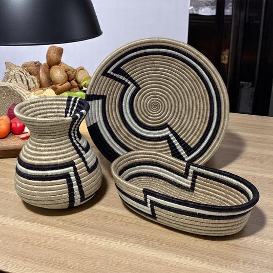 Woven Bread Basket, Fruit Bowl & Vase Set – Boho Handmade African Decor for Table Styling, Kitchen Gifts and Rustic Housewarming Ideas