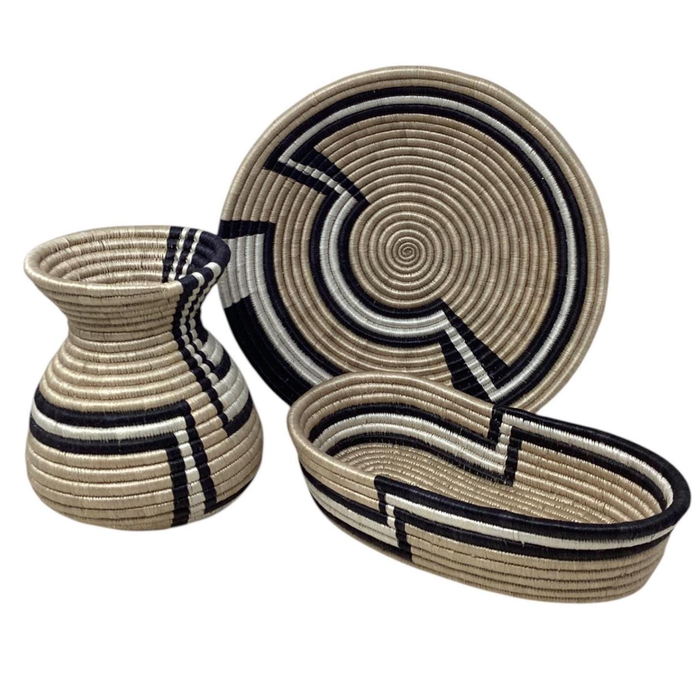 Woven Bread Basket, Fruit Bowl & Vase Set – Boho Handmade African Decor for Table Styling, Kitchen Gifts and Rustic Housewarming Ideas