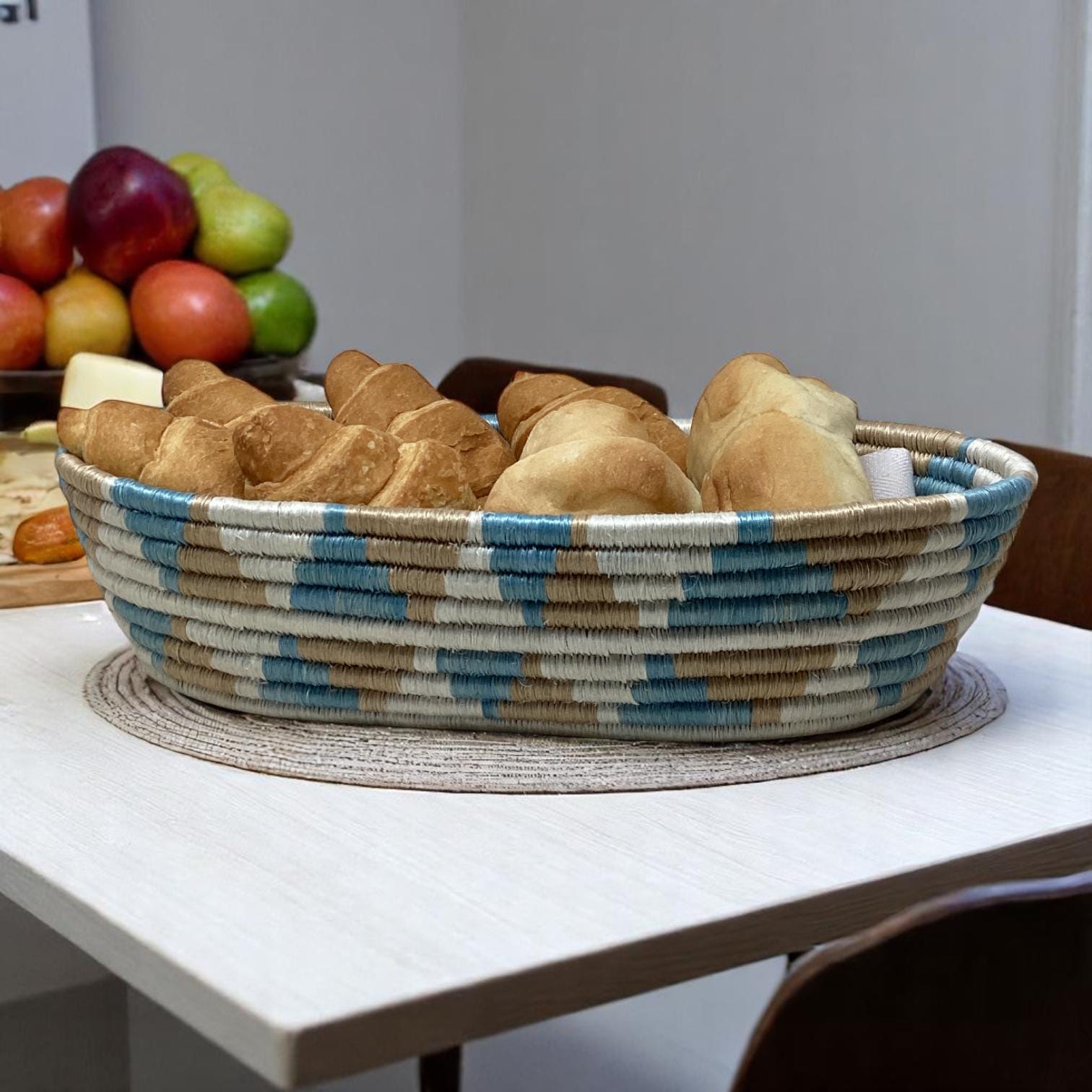 Woven Kitchen Decor Gift Set – Colorful Bread Basket, Fruit Bowl & Vase | Rustic Boho Home Styling Set, Colorful Bread Basket,